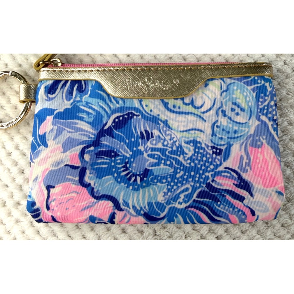 Lilly Pulitzer ID Case Keychain Wallet Blue Pink Floral Metallic Gold Trim
